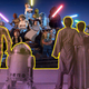 Luke, Leia and the droids look out through a window at a large group of Lego Star Wars characters.